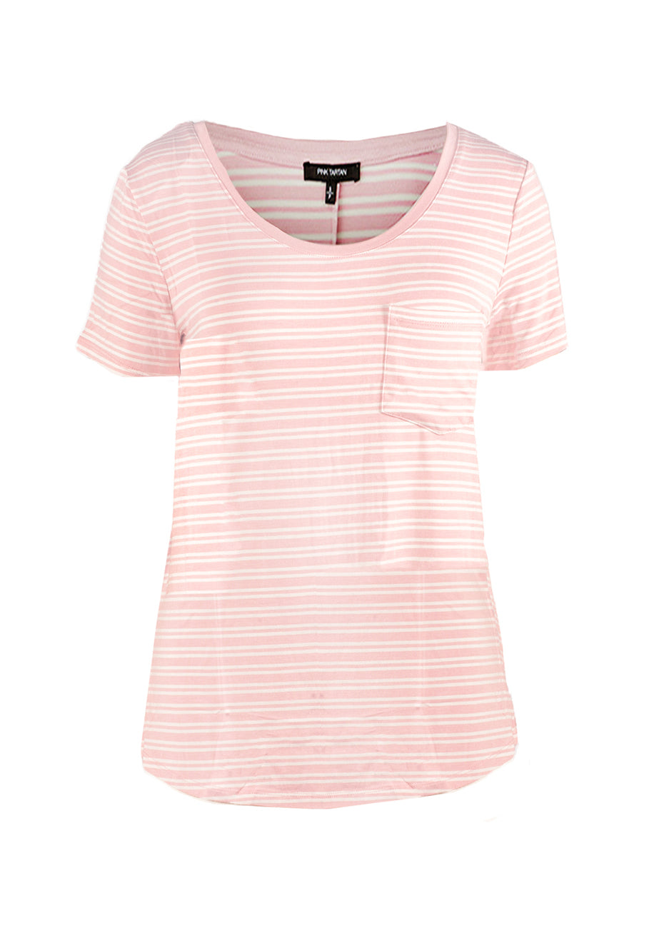 Scoop Pocket T-Shirt - Mauve Stripe Pink Tartan