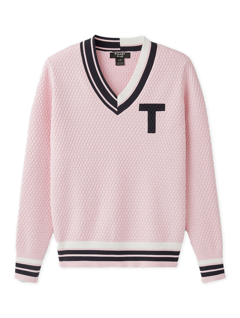 Contrast Bar Stripe V-Neck Sweater - Pink Pink Tartan