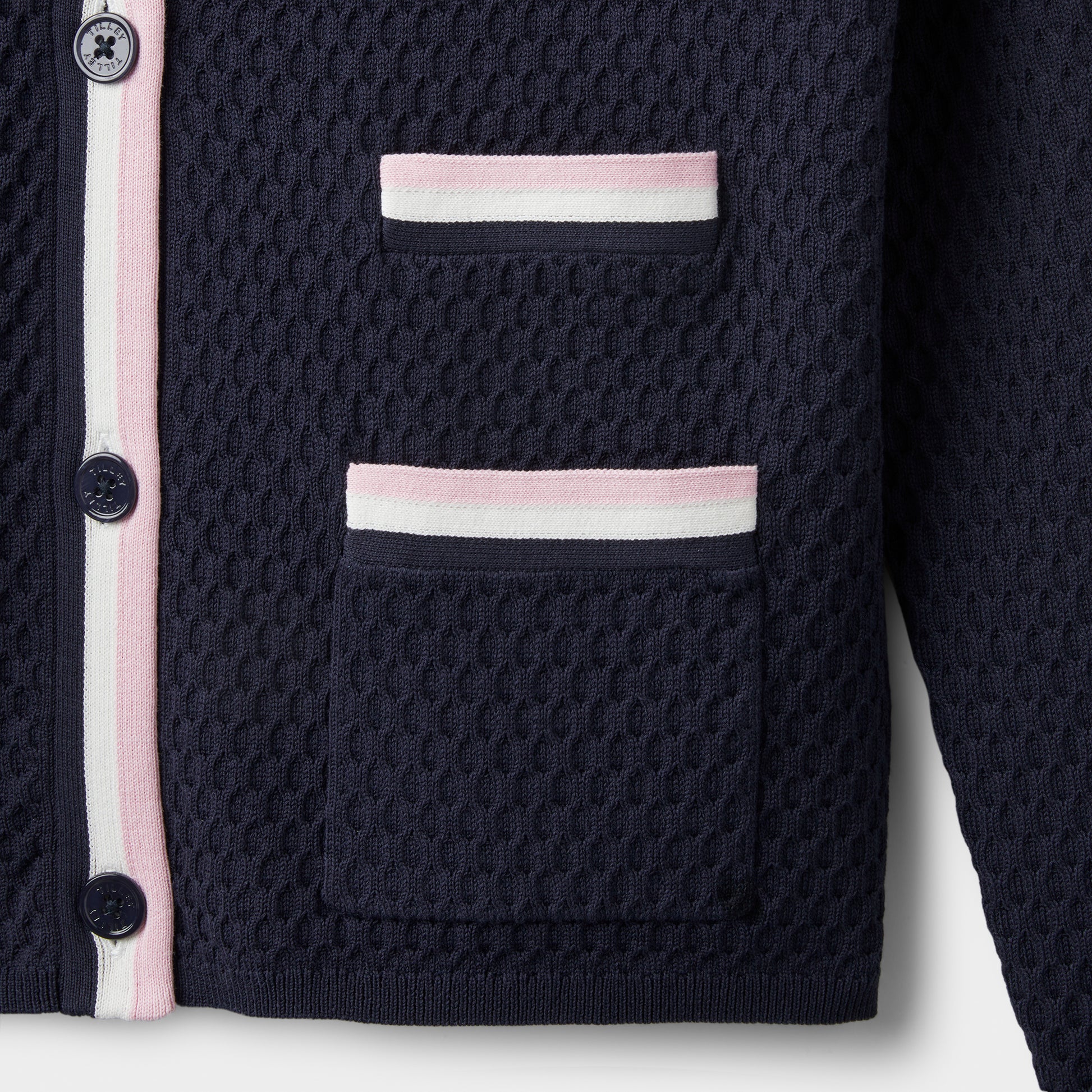 Contrast Bar Stripe Cardigan - Navy Pink Tartan