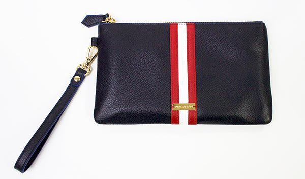 Vegan Leather Pebble Leather Bill Pouch Wristlet - Red & Navy Pink Tartan