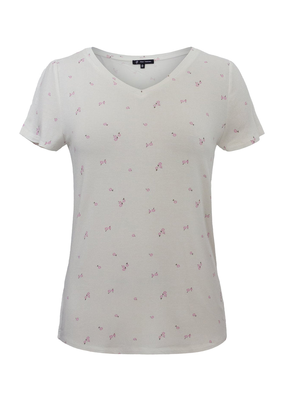 V-Neck T-Shirt - Ditzy Floral Pink Tartan
